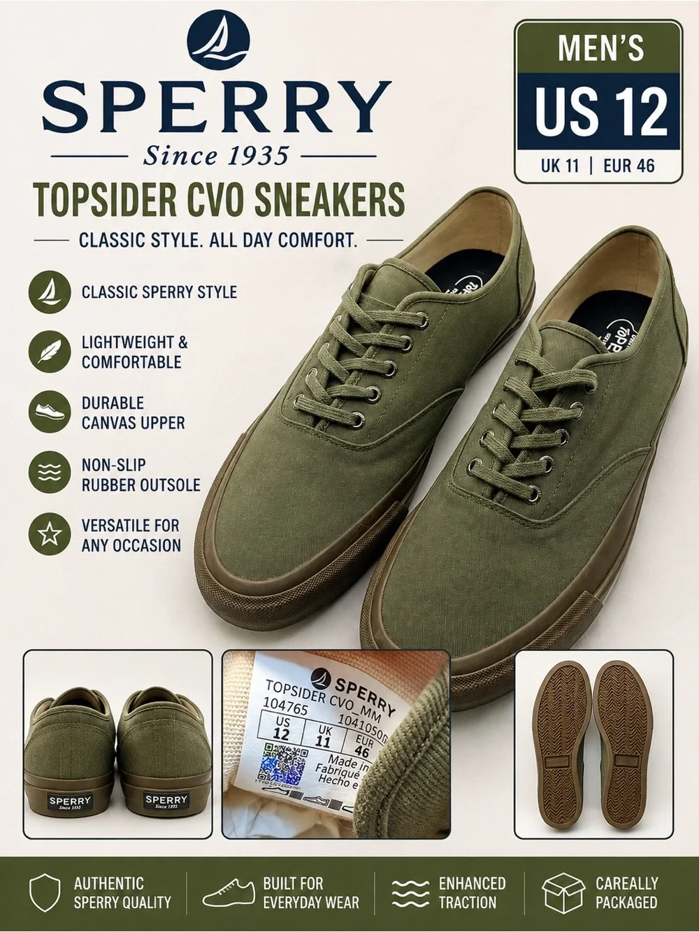 Sperry Topsider CVO Men’s Sneakers Size 12 Olive Green Canvas Gum Sole 104765